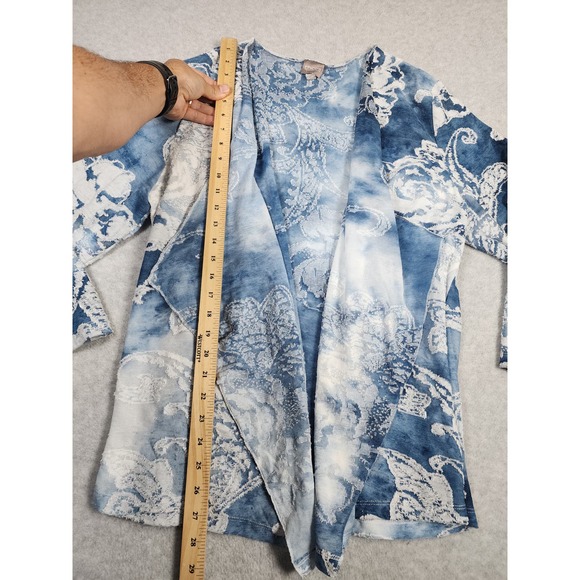 Chico's Sz L Blue Floral Paisley Waterfall Front Boho Beachy Cardigan Sweater - Picture 5 of 10